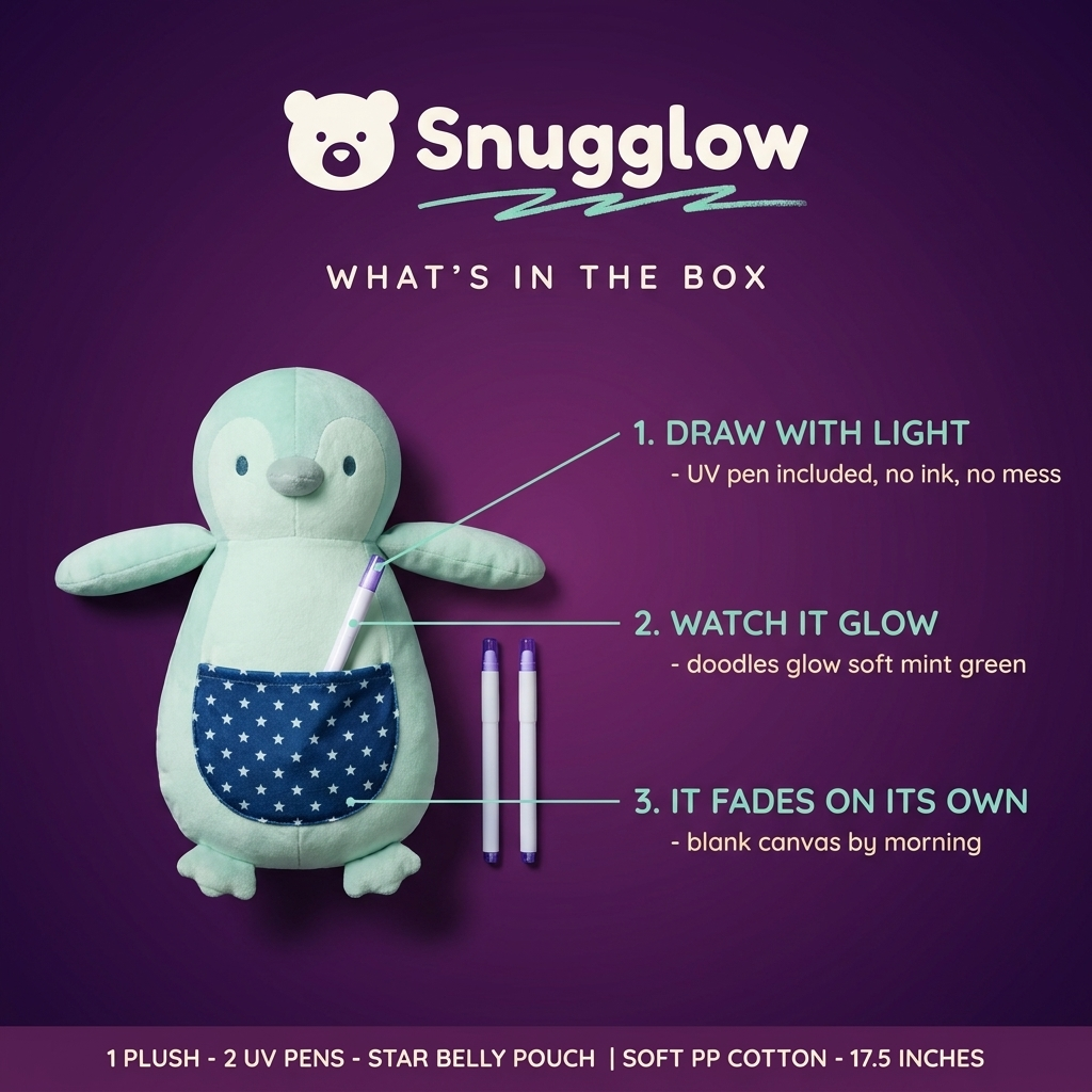 Overhead flat lay of the Snugglow plush, its UV pen and the star belly pouch, labelled draw with light, watch it glow, it fades on its own