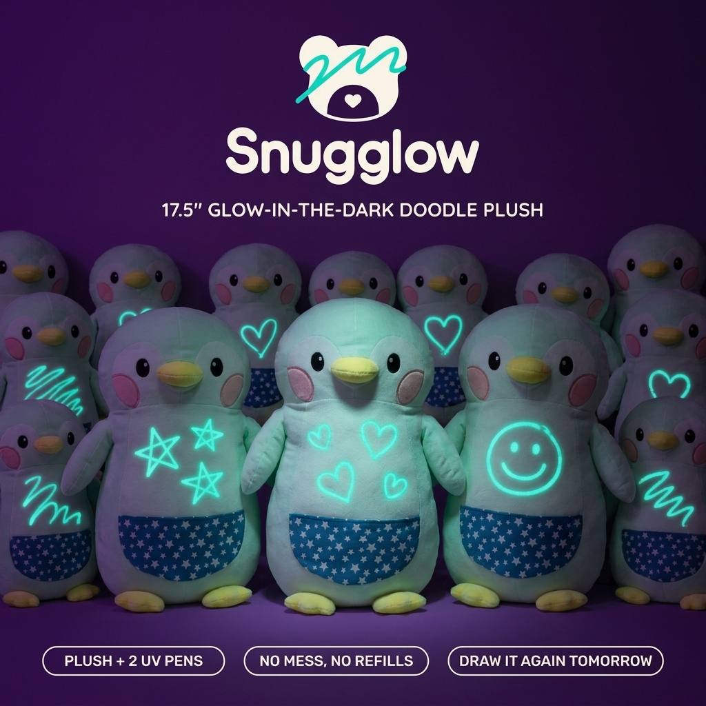 Snugglow glow-in-the-dark doodle plush toys with mint drawings glowing on their bellies in a dark bedroom