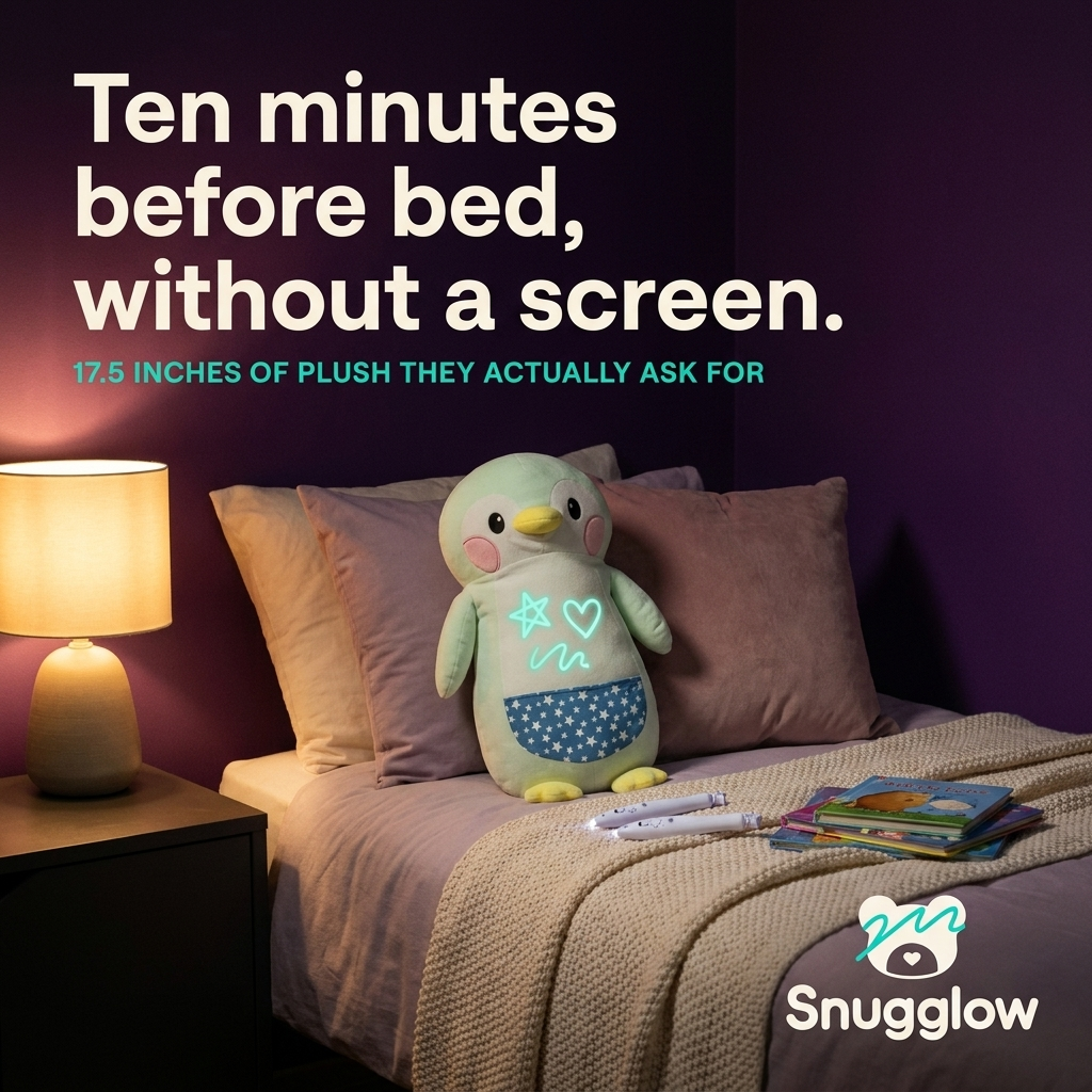 Snugglow plush propped on pillows in a dim, lamp-lit bedroom corner